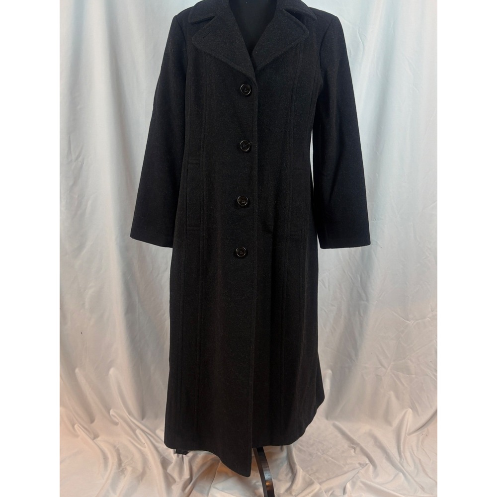 Anne Klein Black Wool Blend Maxi Coat Button Front Long Jacket Womens 14